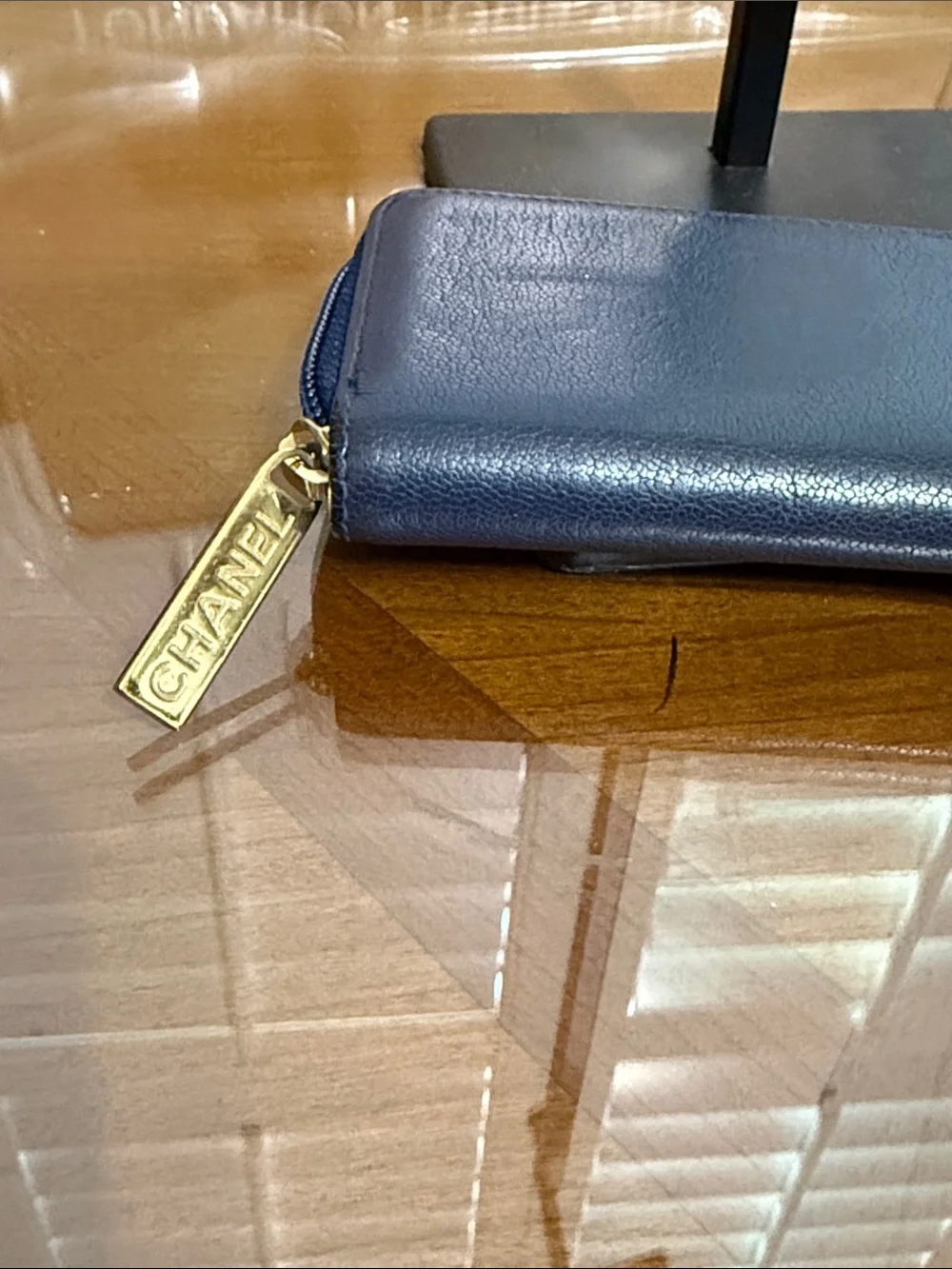 CHANEL Navy Leather CC Logo Key Pouch with Gold Chain